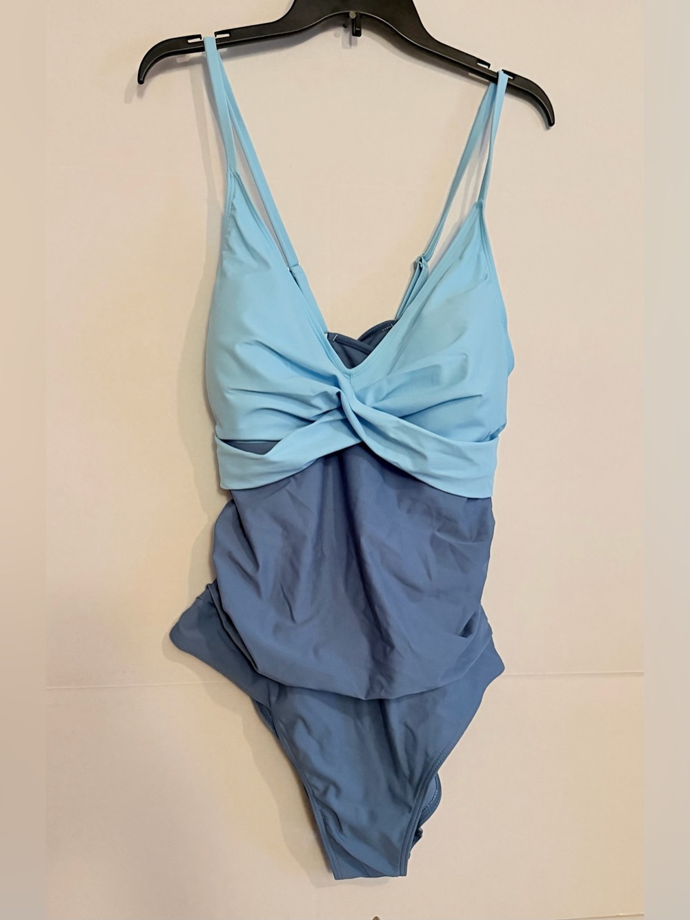 Two-Tone Twist Front One-Piece Swimsuit in Light Blue and Slate
